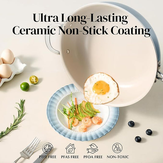 Redchef Ceramic Saute Pan with Lid, Nonstick Deep Frying Pan, 5QT Jumbo Cooker with Helper Handle & Lid, Non Toxic Ceramic Cooking Pan, Chef Pan, Dishwasher & Oven Safe, PFAS PFOA & PTFE Free(Blue)