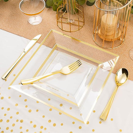 Goodluck 352-Piece Clear Plastic Dinnerware Set for 50 Guests, Includes: 100 Clear Square Plates with Gold Trim, 50 Rolled Napkins, 50 Cups, 50 Cutlery Set and 2 Tablecloths