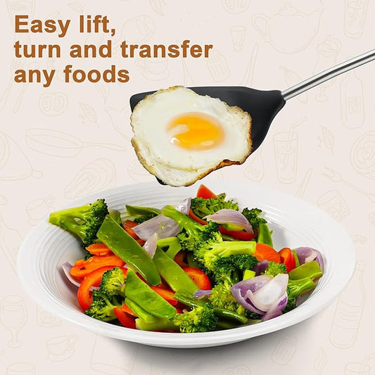 FJNATINH Silicone Spatulas and Turner Set - Non Stick Turners, Stainless Steel Coated with Silicone Cooking Utensils Set with Wooden Handle, Heat Resistant Spatulas for Fish, Eggs, Pancakes,2PCS