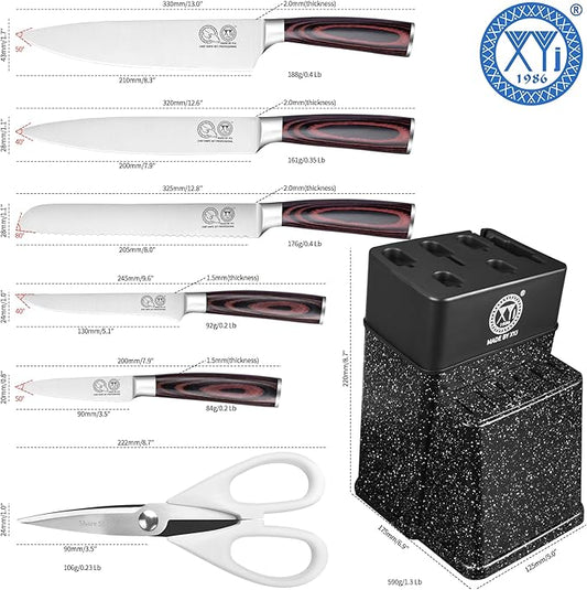 XYJ Professional Knife Set With Block, Scissors, Kitchen Knife Block Set, Stainless Steel Japanese Paring Boning Slicing Bread Chef Knives Set, Wood Handle