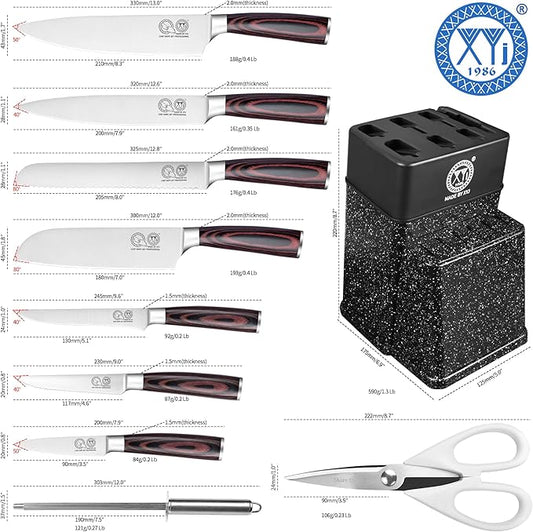 XYJ Authentic Since 1986, Knife Block Set, Kitchen Knives Set With Holder, Scissors, Professional Japanese Chef Knife Set, Paring Bread Carving Slicing Knife, Steak Knives