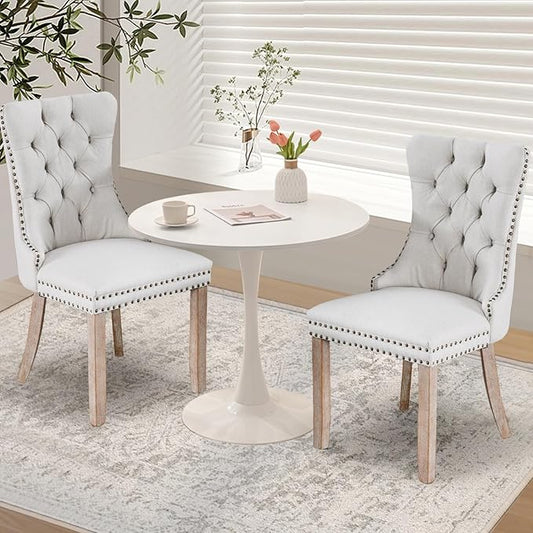 3-Pieces Dining Sets, 31.5" Round Dining Table Set with 2 Velvet Upholstered Dining Chairs,Wooden Legs Design for Kitchen Dining Room Apartment(1 White Table with 2 Beige-Linen Chairs)