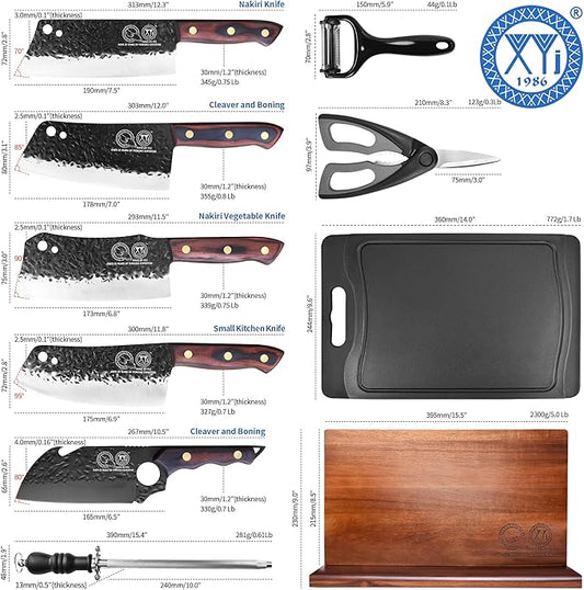 XYJ Knife Block Set,High Carbon Steel Kitchen Knife Set with Magnetic Knife Block,Sharpener Stick,Cutting Board,Forged Chef's Knife,Meat Cleaver,Vegetable Knife,Wood Handle,Full Tang Design