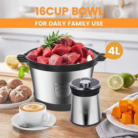 16 cup steel bowl 850W Electric Food Processor,LED timer. 3-Tiered 6 Cutting Edges blade for mincing, chopping,Ideal as meat grinder,fresh vegetables chopper,pet food process in kitchen.