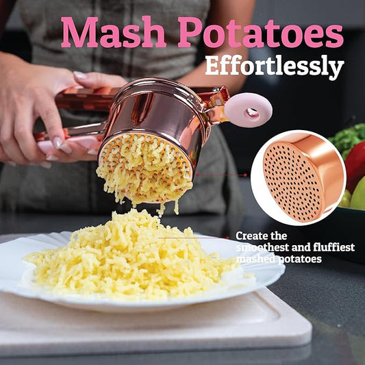 PriorityChef Large 15oz Potato Ricer, Heavy Duty Stainless Steel Potato Masher and Ricer Kitchen Tool, Press and Mash Kitchen Gadget For Perfect Mashed Potatoes - Everytime, Rose Gold and Pink