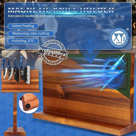 XYJ Kitchen Knife Block Set, High Carbon Steel Blade, Knives Set with Block, Cutting Board, Sharpening Stick, Scissors, Gloves, Meat Cleaver, Slicing Vegetable Chef Knives, Blue, Wood Handle