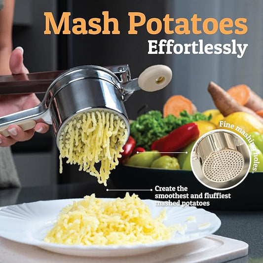 PriorityChef Large 15oz Potato Ricer, Heavy Duty Stainless Steel Potato Masher and Ricer Kitchen Tool, Press and Mash Kitchen Gadget For Perfect Mashed Potatoes - Everytime, Khaki