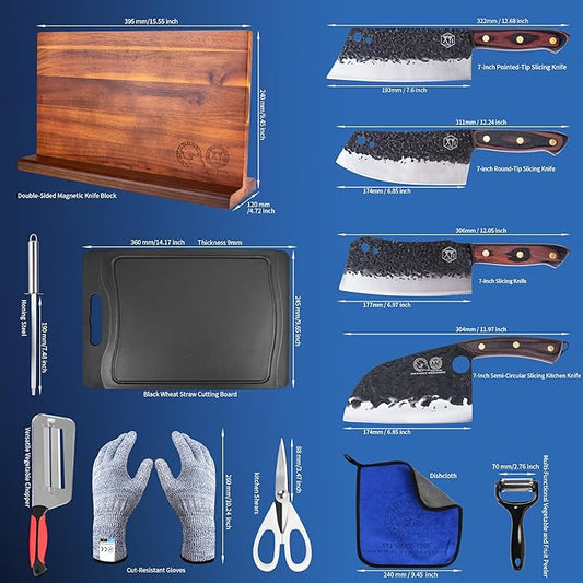 XYJ Knife Block Set,High Carbon Steel Blade Knives Set with Magnetic Knife Block,Cutting Board,Honing Steel,Scissors,Cut Resistant Gloves,Cleaver Vegetable Kitchen Knives,Full Tang Handle