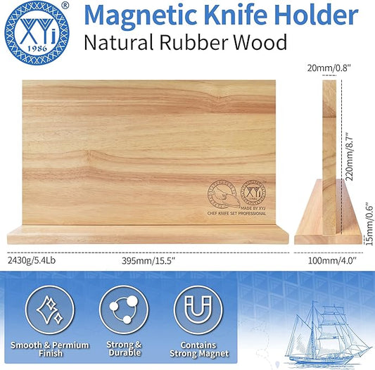 XYJ Authentic Since 1986 Magnetic Knife Block, Powerful Double-Sided Wooden Magnetic Knife Holder, Cutlery Display, Universal Kitchen Knife Stand Storage Rack Without Knives