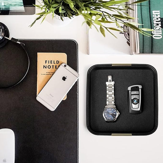 SANZIE Luxury Leather Desktop Storage Small Catchall Organizer Decorative Tray for Entryway Table to Hold Jewelry Watch Cosmetics Keys Phone Wallet, Home & Office Accessories (Metal Glided, Black)