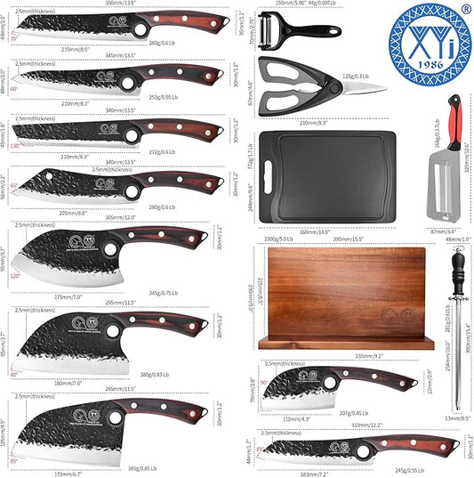 XYJ Knife Block Set, Professional Kitchen Knife Set with Magnetic Knife Block, Cutting Board, Honing Steel, High-Carbon Steel forged Blades, Chef's Knife, Cleaver, Carving Knife, Full Tang Design
