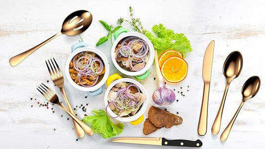 Tribal Cooking 49 Piece Gold Silverware Set - Service for 8 - Stainless Steel Gold Flatware serving set - Cutlery Set - Knives, Fork, and Spoon - Dishwasher Safe - Stunning Polished Finish