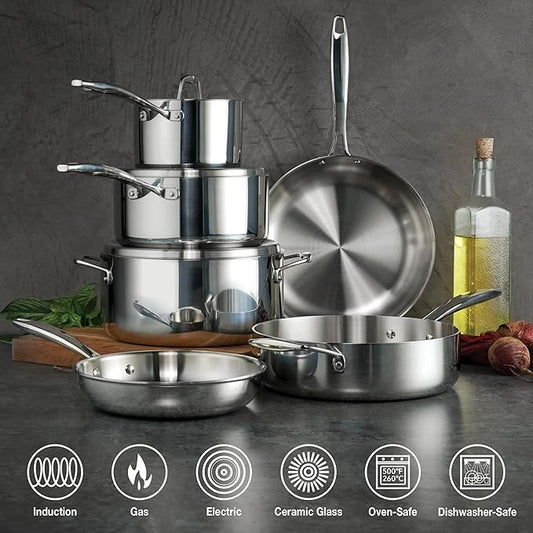 Tramontina Signature Tri-Ply Clad Stainless Steel 9-Piece Cookware Set with Lids, Pots and Pans Kitchen Set, Induction-Ready, Dishwasher-Safe, NSF-Certified