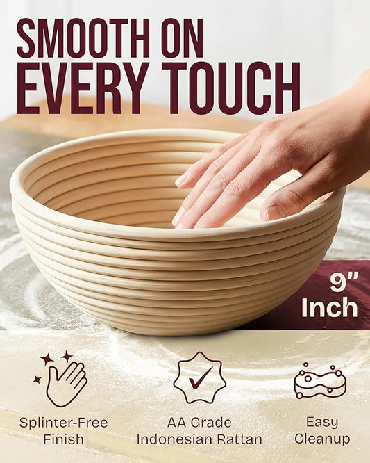 Superbaking Banneton Bread Proofing Basket Set of 2, 9" Splinter-Free Round Rattan Bread Basket with Liners, Sourdough Starter Kit, Sourdough Bread Baking Supplies & Sourdough Kit, Bread Making Tools