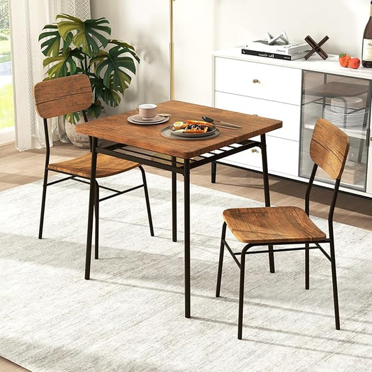 Tangkula Square Dining Table Set for 2, Compact Metal Frame Kitchen Table & Chairs with Built-in Storage Rack, Space-Saving Dinette Set for Breakfast Nooks, Studios & Small Spaces