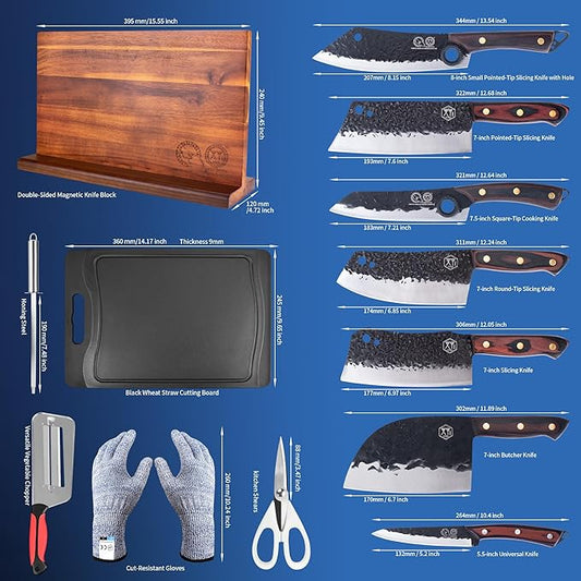XYJ Authentic Since 1986, Knife Block Set, High Carbon Steel Knives Set with Magnetic Knife Block, Cut Resistant Gloves, Scissors, Chopping Board, Cleaning Towel