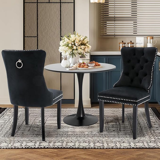 3-Pieces Dining Sets, 31.5" Round Dining Table Set with 2 Velvet Upholstered Dining Chairs,Wooden Legs Design for Kitchen Dining Room Apartment Small Space(1 Black Table with 2 Black Chairs)