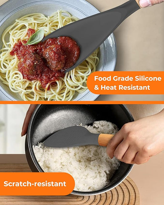 Multifunction Silicone Spatula Spoon 2-Pack Dual-Use-Heat-Resistant 446°F BPA-Free Non-Toxic Cooking for Non-Stick Cookware,Rice Cookers,Wooden Handle Scoop/Serve Meal/Rice Spoon Set (Gray)