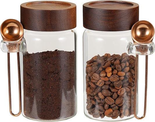 8oz Small Glass Spice Jar with Spoon Coffee Sugar Container Airtight Food Storage Canisters Bottle for Kitchen Seasoning Tea Herb Overnight Oats Bar(2×250ml(8.4oz))