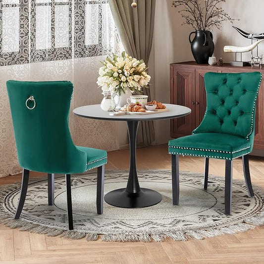 3-Pieces Dining Sets, 31.5" Round Dining Table Set with 2 Velvet Upholstered Dining Chairs,Wooden Legs Design for Kitchen Dining Room Apartment Small Space(1 Black Table with 2 Green Chairs)