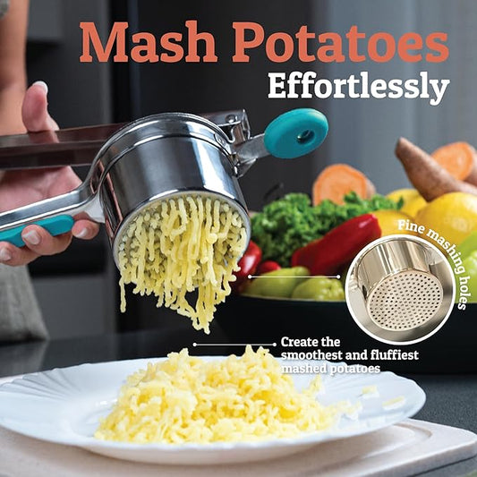 PriorityChef Large 15oz Potato Ricer With 3 Discs, Heavy Duty Stainless Steel Potato Ricer for Mashed Potatoes, Potato Masher, Press and Ricer Kitchen Tool, Turquoise
