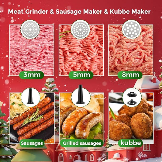 Electric Meat Grinder, Cheese Grater 3000W Multifunctional Meat Grinder with Juicer, Vegetable Cutter Veggie Slicer, Shredder, Meat Chopper, Sausage Stuffer, Kubbe Kit, Home Use