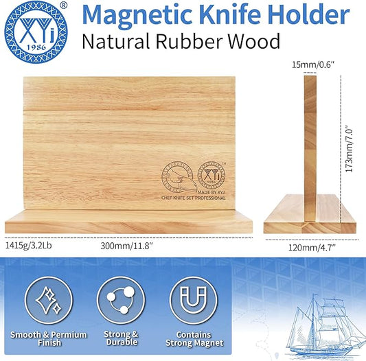 XYJ Authentic Since 1986, Magnetic Knife Block, Double Side Kitchen Knife Holder, Natural Wood, Knife Cutlery Display Stand, Organizer Storage Rack for Home Kitchen