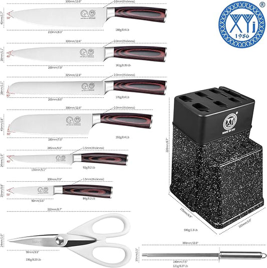 XYJ Professional Knife Set With Block, Scissors, Kitchen Knife Block Set, Stainless Steel Paring Boning Santoku Slicing Bread Chef Knives Set, Wood Handle
