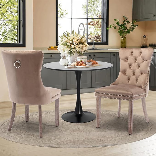 3-Pieces Dining Sets, 31.5" Round Dining Table Set with 2 Velvet Upholstered Dining Chairs,Wooden Legs Design for Kitchen Room, Apartment, Small Space(1 Black Table with 2 Khaki Chairs)