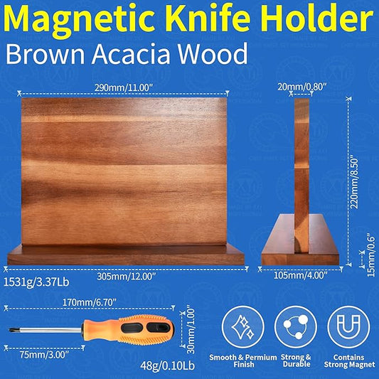XYJ Extra Large Magnetic Knife Block Acacia Wood Knife Set Holder Stand With Stronge Magnetic Strip Kitchen Knives Storage Rack Organizer Tools No Drilling