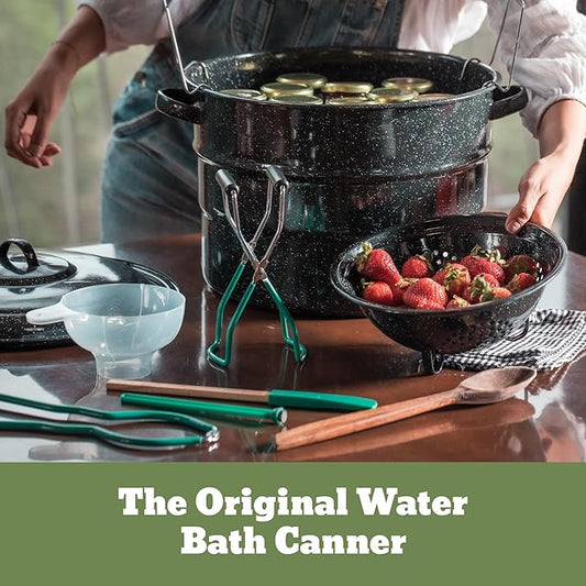 Granite Ware 9 Piece Enamelware Water bath Canning Pot with Canning kit, Colander and Rack. Canning Supplies Starter Kit.