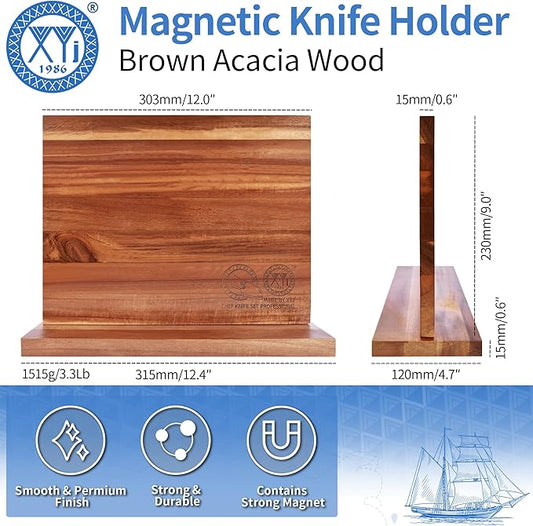 XYJ Authentic Since 1986, Magnetic Knife Block, Double Side Kitchen Knife Stand, Acacia Wood, Magnetic Knife Holder with Strong Enhanced Magnets,Knives Storage Rack Stand for Home Kitchen