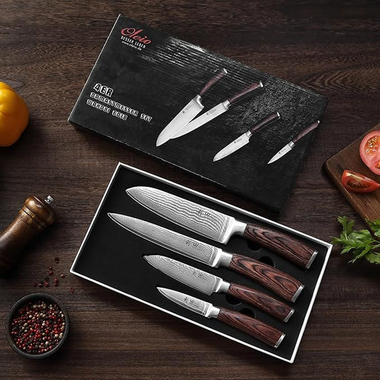 Wakoli EDIB 4-Piece Damascus Knife Set – Professional Kitchen Knives | Genuine Damascus Steel Blades with VG10 Core | Ergonomic Pakkawood Handles | Premium Chef Knife Gift Set