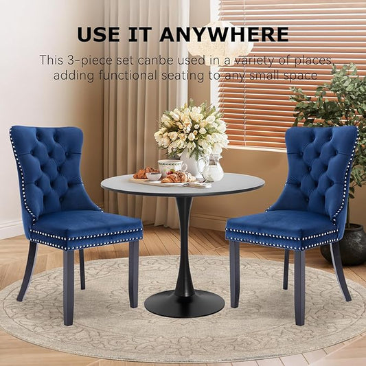 3-Pieces Dining Sets, 31.5" Round Dining Table Set with 2 Velvet Upholstered Dining Chairs,Wooden Legs Design for Kitchen Dining Room Apartment Small Space(1 Black Table with 2 Blue Chairs)