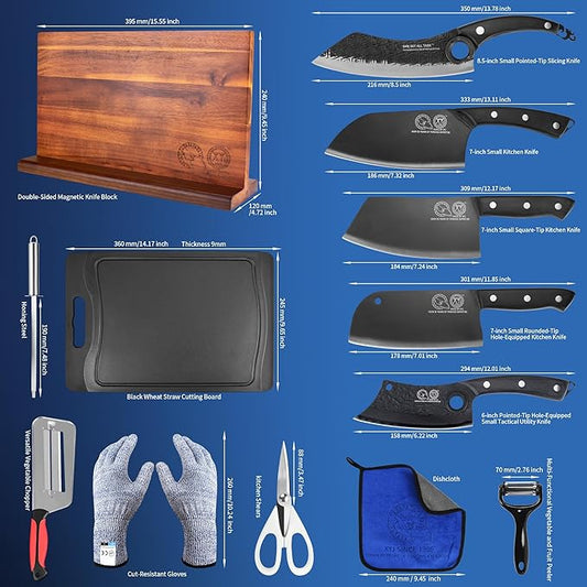 XYJ Authentic Since 1986, Knife Block Set, High Carbon Stainless Steel Blades, Knives Set with Holder, Scissors, Sharpening Steel, Washing Cloth, Cutting Board, Gloves, Full Tang Wood Handle