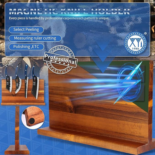 XYJ Authentic Since 1986,Kitchen Knife Block Set,Knives Set with Magnetic Knife Block,Cutting Board, Honing Steel,Scissors,Gloves,Boning Bread Slicing Chef Knife,Blue Color,Full Tang