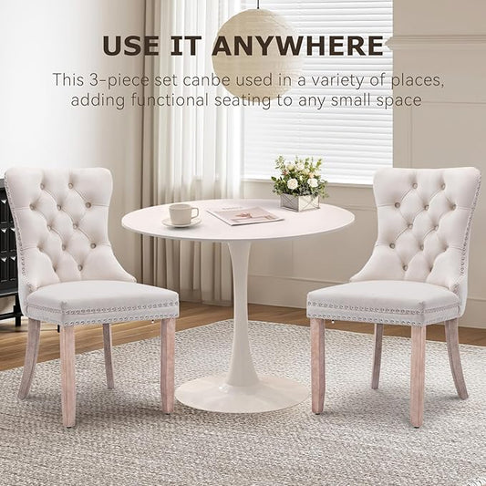 3-Pieces Dining Sets, 31.5" Round Dining Table Set with 2 Velvet Upholstered Dining Chairs,Wooden Legs Design for Kitchen Dining Room Apartment Small Space(1 White Table with 2 Beige Chairs)