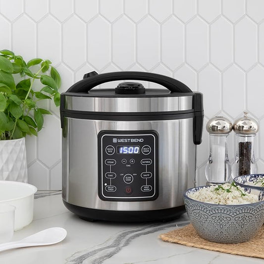 West Bend Rice & Grain Multi Cooker Programmable with 9 Preset Functions, Features Delay Start and Keep Warm Functions and Steam Basket, 20 Cups Cooked (10 cups uncooked), Stainless Steel