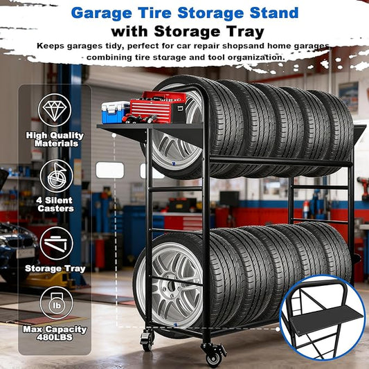 Tire Rack, 59 x 57 x 20 Inches Garage Tire Storage Stand with Storage Tray 218KG/480LBS Capacity, 2 Storage Shelf & 4 Swivel Casters Rolling Tire Storage Rack, Black
