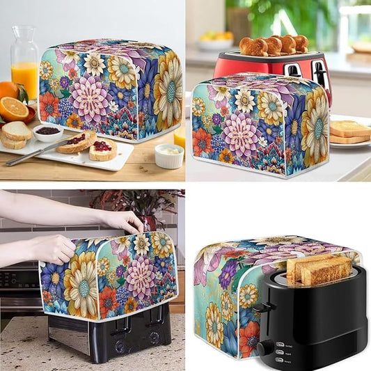 Bright Blossom Flower Toaster Cover 2 Slice,Boho Hippie Floral Kitchen Blender Dust Cover 2 Pcs Small Appliance Dust Cover Anti Fingerprint and Oil Proof Cover-L