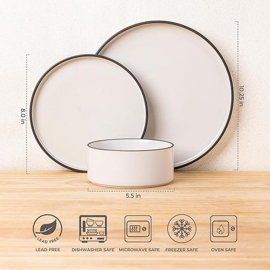 LERATIO Ceramic Dinnerware Sets for 6, High Edge Stoneware Plates and Bowls Set, Chip and Crack Resistant | Oven & Dishwasher & Microwave Safe Dishes Set, Service for 6 -Creamly White