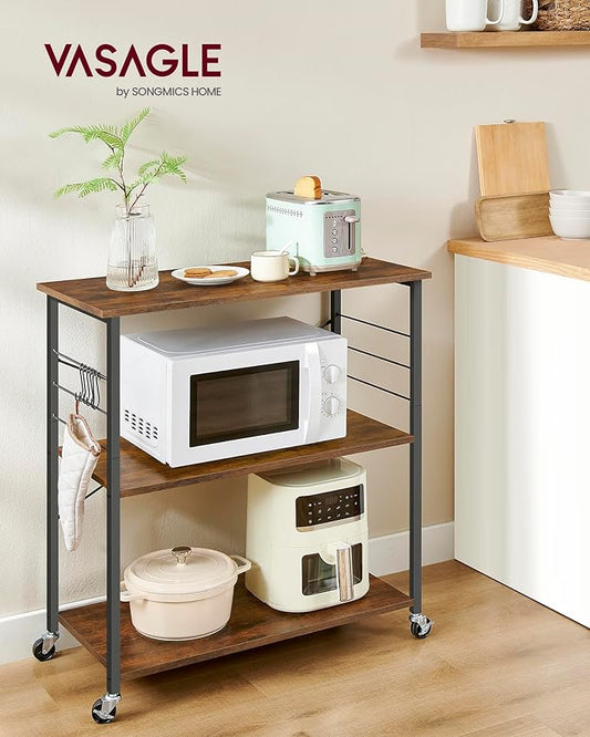 VASAGLE Kitchen Shelf on Wheels, Serving Cart with 3 Shelves, Kitchen Cart, Microwave Shelf, for Mini Oven, Toaster, with 6 Hooks, Industrial Style, Rustic Brown and Black UKKS067K01