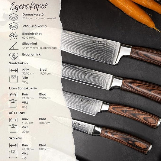 Wakoli EDIB 4-Piece Damascus Knife Set – Japanese Style Professional Kitchen Knives | Genuine Damascus Steel Blades with VG10 Core | Ergonomic Pakkawood Handles | Premium Chef Knife Gift Set