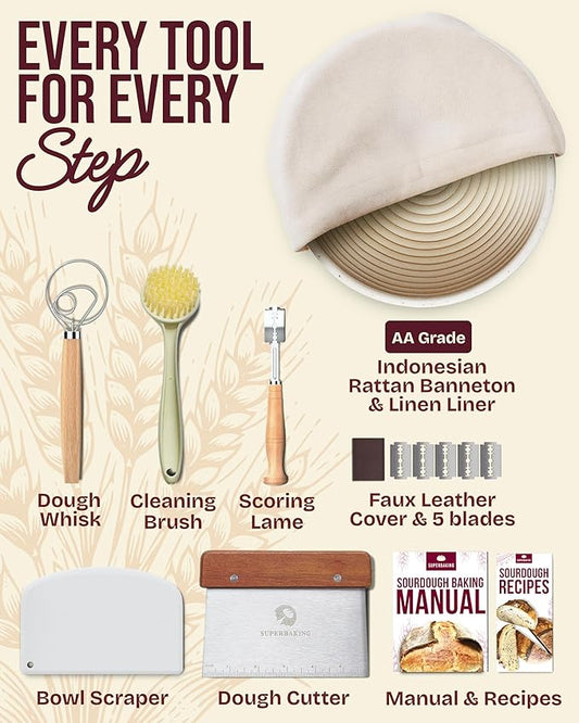 Superbaking Banneton Bread Proofing Basket, Sourdough Bread Baking Supplies, Round 9 Inch Sourdough Starter Kit, Proofing Basket for Baking, Bread Making Supplies Tools, Banneton Basket Gift Set