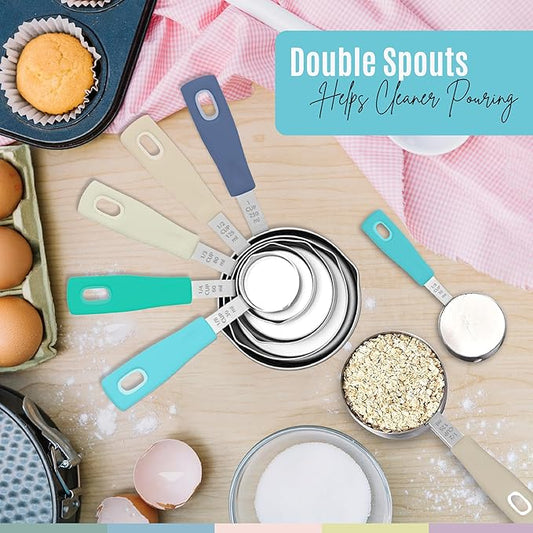 Nextop 14-Piece Stainless Steel Measuring Cups and Measuring Spoons Set with All Stackable Sizes and Leveler for Dry Ingredients, Complete Set for Kitchen & Baking Measuring Tools (Aqua Sky Blue Set)