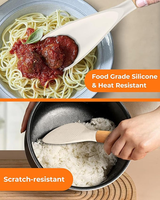 Multifunction Silicone Spatula Spoon 2-Pack Dual-Use-Heat-Resistant 446°F BPA-Free Non-Toxic Cooking for Non-Stick Cookware,Rice Cookers,Wooden Handle Scoop/Serve Meal/Rice Spoon Set (Khaki)