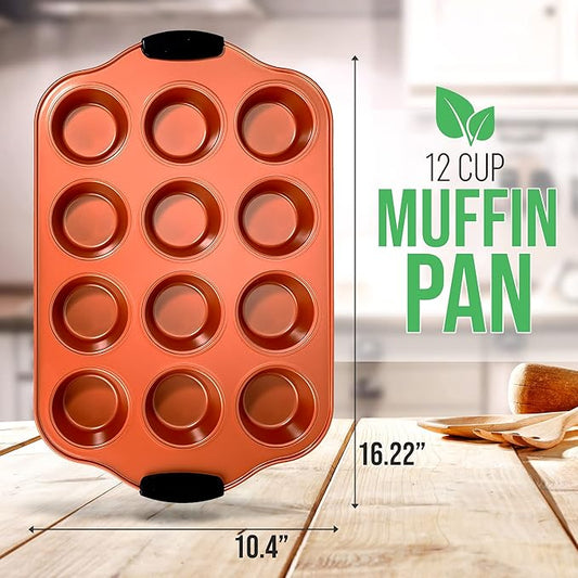 NutriChef 12 Cup Muffin Pan, Durable and Nonstick Carbon Steel Bake Pan with Silicone Handles, Kitchen Essential Cupcake Pan, Stain Resistant, Easy Clean, PFOA, PFOS, PTFE Free, 16.22'' x 10.43''