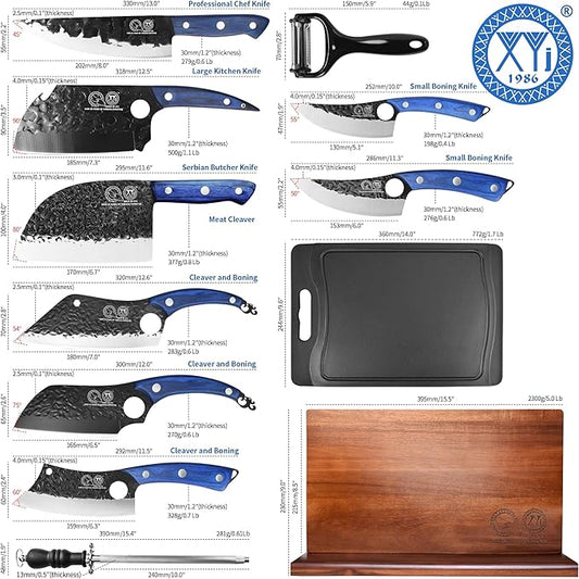 XYJ Authentic Since 1986,Knife Block Set,Kitchen Knife Set with Magnetic Knife Block,Cutting Board,Sharpening Stick,Meat Cleaver Slicing Knives,High Carbon Steel Blades,Full Tang,Wood Handle