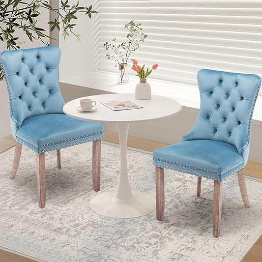 3-Pieces Dining Sets, 31.5" Round Dining Table Set with 2 Velvet Upholstered Dining Chairs,Wooden Legs Design for Kitchen Dining Room Apartment(1 White Table with 2 Sky Blue Chairs)