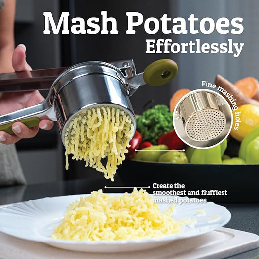 PriorityChef Large 15oz Potato Ricer With 3 Discs, Heavy Duty Stainless Steel Potato Ricer for Mashed Potatoes, Potato Masher, Press and Ricer Kitchen Tool, Olive Green